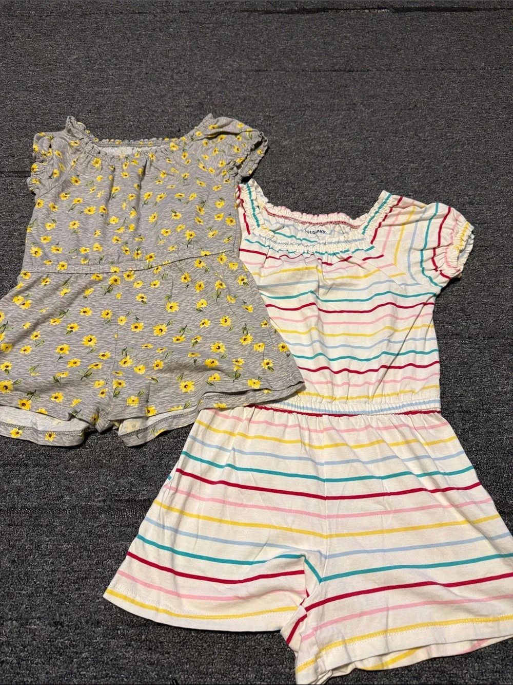 Old Navy Gray Sunflower Romper & White Multicolor Stripe Romper - 2-Pack